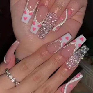 Ykhmyb เล็บปลอม แวววาว สไตล์ฝรั่งเศส 24 ชิ้นต่อกล่อง