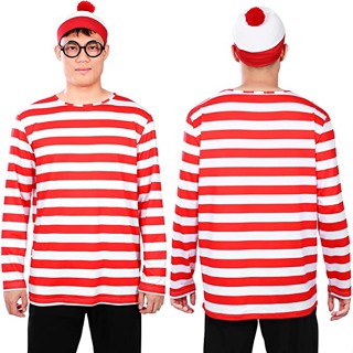 ชุดคอสเพลย์ Wheres Wally Wheres Waldo สีแดง และสีขาว สําหรับผู้หญิง และผู้ใหญ่