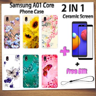 2 IN 1 เคสโทรศัพท์ Samsung A01 Core พร้อมกระจกนิรภัยกันรอยหน้าจอเซรามิค ฟิล์มโค้ง ผีเสื้อ