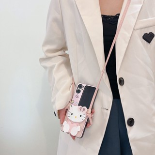 เคส OPPO Find N2 Flip เคสโทรศัพท์มือถือหนัง TPU แบบฝาพับ ลาย Hello Kitty พร้อมช่องใส่บัตร และสายคล้องยาว สําหรับ