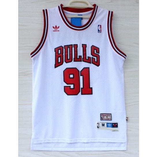 New NBA Men 's Chicago Bulls #91 เสื ้ อบาสเก ็ ตบอลปักเดนนิส Rodman Vintage สีขาว