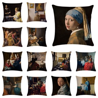 ปลอกหมอนอิง ผ้าลินิน ลาย Johannes Vermeer Girl ขนาด 45x45 ซม. ประดับมุก สําหรับตกแต่งบ้าน รถยนต์