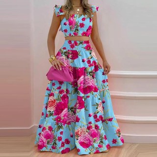 Conjunto feminino  Sem Mangas Ruffled Cropped Boho Floral Estampa Color lisa Elastic Cintura Saia Longa Moda Duas Peças
