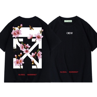 OFF WHITE เสื้อยืดคอกลม แขนสั้น ผ้าฝ้ายแท้ ทรงหลวม ลายดอกซากุระ สีชมพู สําหรับผู้ชาย