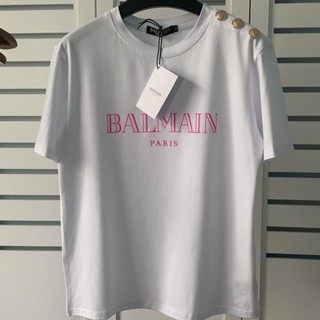 ใหม่ เสื้อยืดลําลอง ผ้าฝ้าย แขนสั้น เปิดไหล่ พิมพ์ลายตัวอักษร balmain สีบรอนซ์ ทรงหลวม แฟชั่นฤดูใบไม้ผลิ และฤดูร้อน สําหรับสตรี 2023