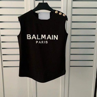 ฤดูใบไม้ผลิและฤดูร้อน ใหม่ balmain แขนกุด คําบรอนซ์ ไหล่ หัวเข็มขัด สีทอง เสื้อยืด ชายเสื้อโค้ง หญิง