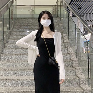 เสื้อคลุมไหมพรม cardigan เสื้อคาร์ดิแกนถักกันแดดกระโปรงสายเดี่ยวแบบบางสำหรับผู้หญิงเสื้อเบลาส์เสื้อคลุมไหล่ฤดูใบไม้ร่วงผ้าไหมน้ำแข็งนางฟ้าเสื้อกั๊ก bm เสื้อคลุม