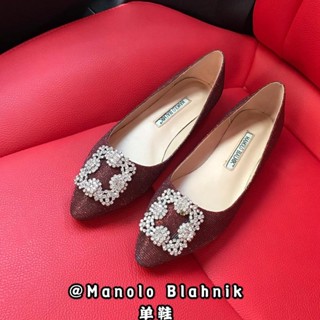 MANOLO BLAHNIK [EUR Size] รองเท้าบัลเล่ต์ ส้นเตี้ย หัวแหลม สีไวน์แดง เซ็กซี่ แฟชั่นสําหรับผู้หญิง