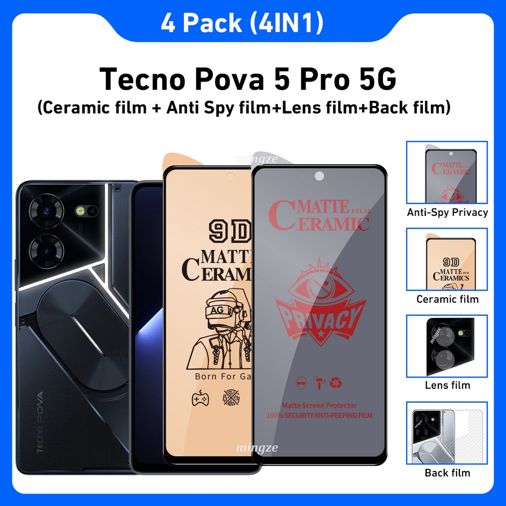 4in1 Tecno Pova 5 Pro 5G ฟิล์มกระจกนิรภัย ป้องกันการแอบมอง ความเป็นส่วนตัว Tecno Pova 5 ฟิล์มเซรามิค และฟิล์มกันรอยด้านหลัง