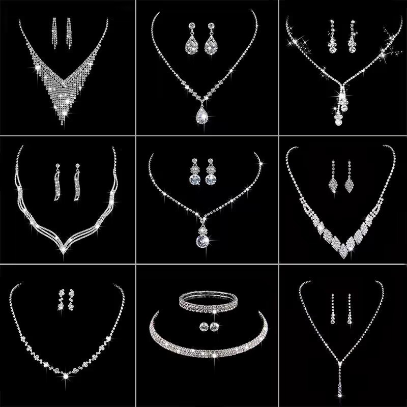 YuueSuun ชุดสร้อยเพชร สร้อยคอ ต่างหู สร้อยข้อมือ ชุบเงิน ประดับเพทายคริสตัล สวยหรู แฟชั่นเจ้าสาว อุปกรณ์ชุดงานเลี้ยง เครื่องประดับเจ้าสาว