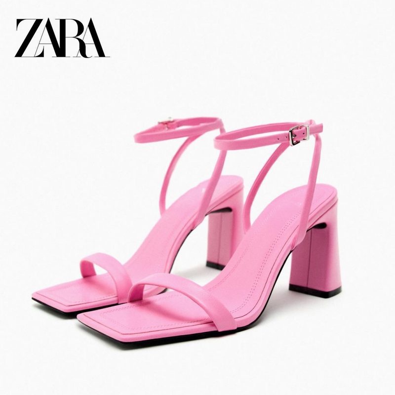Zara รองเท้าส้นสูง หนังแกะ สีชมพู สไตล์ใหม่