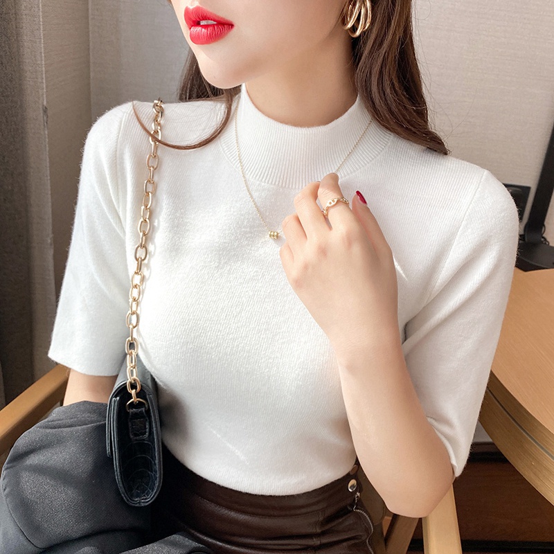ครึ่งคอเต่า จุดต่ําสุด เสื้อสุภาพสตรีแขนกลางถักด้านในด้านบน