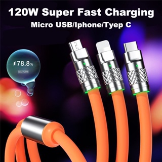 3 In 1 120W USB Type C สายเคเบิล 1.2 ม. โทรศัพท์มือถือ สายชาร์จเร็ว สําหรับ IOS Micro USB Type-C สายเคเบิลข้อมูล