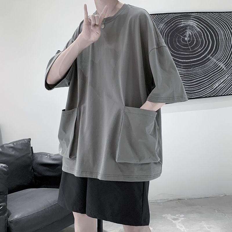 เสื้อยืดแขนสั้น ผ้าฝ้าย ทรงหลวม มีกระเป๋า สีพื้น สไตล์เกาหลี แฟชั่นฤดูร้อน สําหรับผู้ชาย - รูปที่ 3