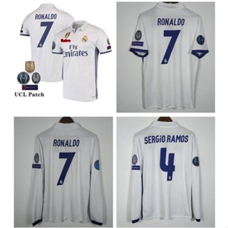 เสื้อกีฬาแขนยาว ลายทีมฟุตบอล Real Madrid CF Jersey Cristiano Ronaldo 16 17 ชุดเหย้า สไตล์เรโทร