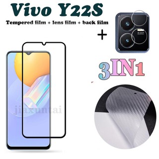 (3 In 1) ฟิล์มกระจกนิรภัยกันรอยหน้าจอ และเลนส์กล้อง และไฟเบอร์ด้านหลัง สําหรับ Vivo Y22S Y35 Y02S Y01 Y73 Y76 5G Y22 Y72 (5G) Y33T Y15S Y15A Y12A Y12S