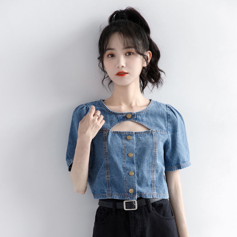 💖เสื้อเชิ้ตยีนส์ เสื้อเชิ้ตยีนส์แขนสั้น สไตล์หวาน แจ็คเก็ตยีนส์ผู้หญิงแขนสั้น - รูปที่ 5