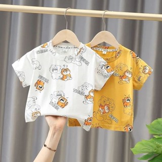 พร้อมส่ง เสื้อยืดแขนสั้นลําลอง คอกลม ผ้าฝ้ายแท้ ระบายอากาศได้ดี พิมพ์ลายการ์ตูน สไตล์เกาหลี สําหรับเด็กผู้ชาย และเด็กผู้หญิง