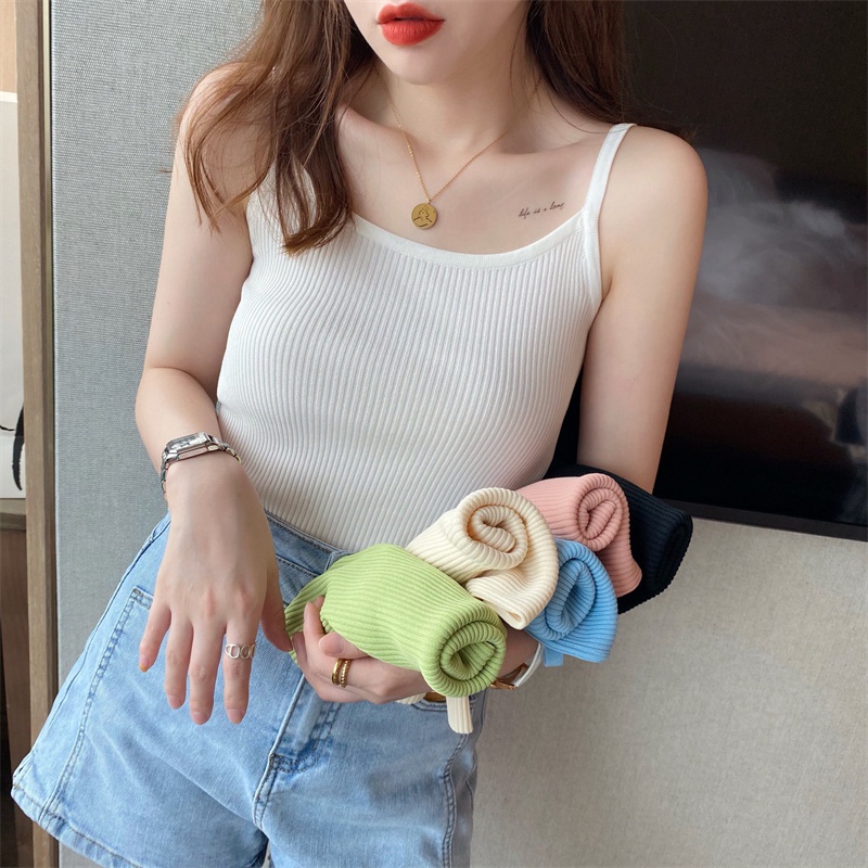 พร้อมส่ง เสื้อแขนกุด ผ้าถัก ขนาดเล็ก สไตล์บอททอม สําหรับผู้หญิง