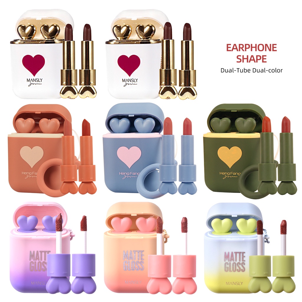 LAMUSELAND 2Pcs/Set Headphones Double Tube Cartoon Overlapping Color Non-stick Cup Lipstick