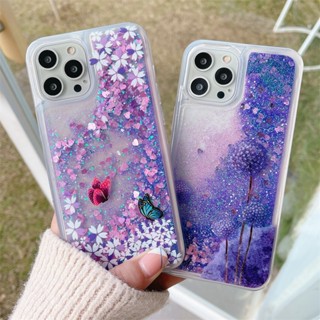 เคสโทรศัพท์มือถือ แบบกลิตเตอร์ในของเหลว ลายดอกไม้สีม่วง สําหรับ Samsung Galaxy A54 A24 A14 A34 S22 S23 Ultra Note20 S21 S20 Plus FE