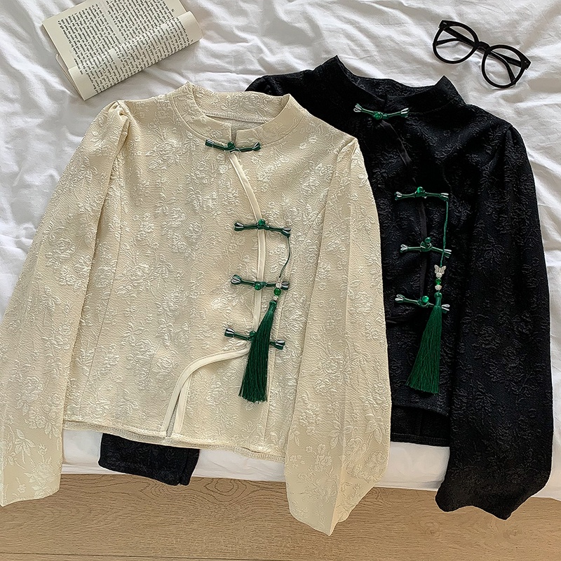 เสื้อเชิ้ตแขนยาว ทรงหลวม ปักลาย สไตล์กี่เพ้า แฟชั่นวินเทจ สําหรับผู้หญิง