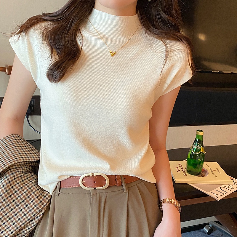 เสื้อถักคอกลางเสื้อยืดผู้หญิงแขนกุด จุดต่ําสุด เสื้อแขนบินขนาดเล็กบางด้านบน