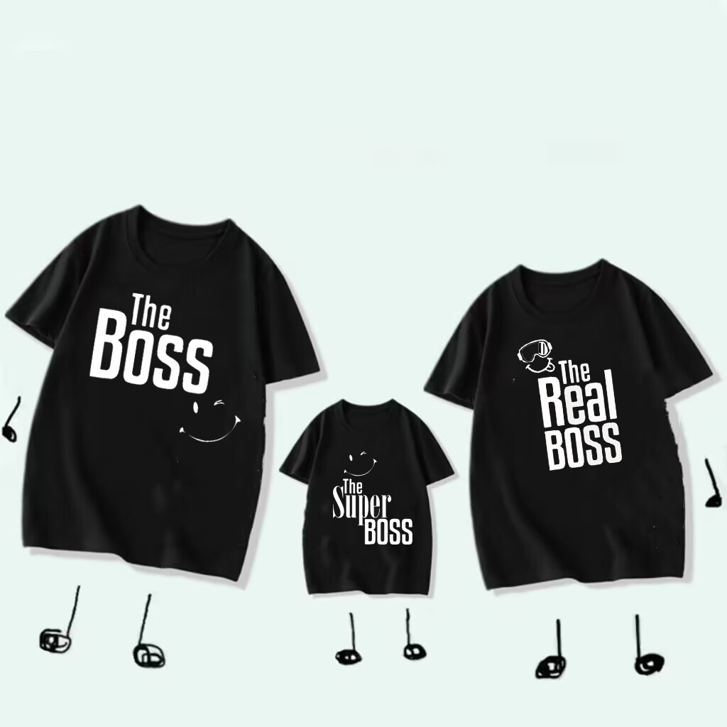 ชุดเสื้อยืด พิมพ์ลาย The Boss Real Boss and Super Boss สีดํา แฟชั่นสําหรับครอบครัว