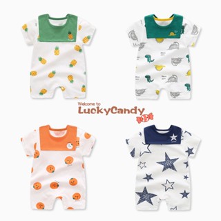 Luckycandy ชุดจั๊มสูทรอมเปอร์ แขนสั้น ผ้าฝ้าย พร้อมผ้ากันเปื้อน สําหรับเด็กทารกแรกเกิด 0-18 เดือน