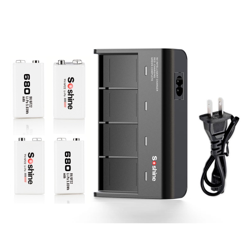 Soshine 9V NIMH แบตเตอรี่แบบชาร์จไฟได้ 4PCS multi-size slot travel charger + 9v680mAh ชุดแบตเตอรี่ V