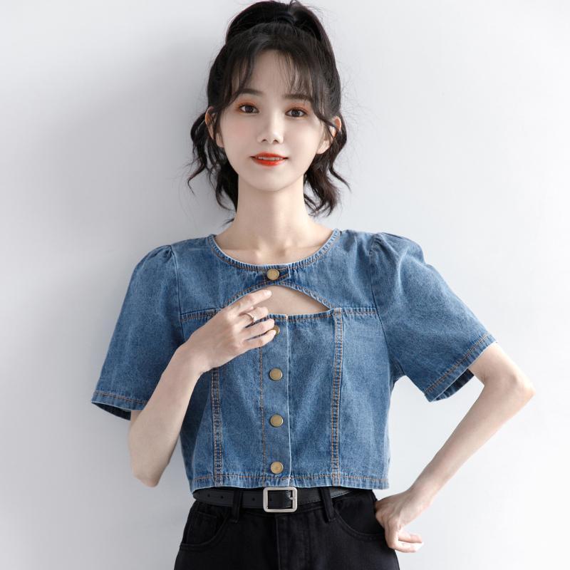 💖เสื้อเชิ้ตยีนส์ เสื้อเชิ้ตยีนส์แขนสั้น สไตล์หวาน แจ็คเก็ตยีนส์ผู้หญิงแขนสั้น - รูปที่ 2