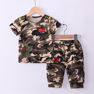 [พร้อมส่ง] ชุดเสื้อแขนสั้น ลายพราง สองชิ้น สําหรับเด็กผู้ชาย