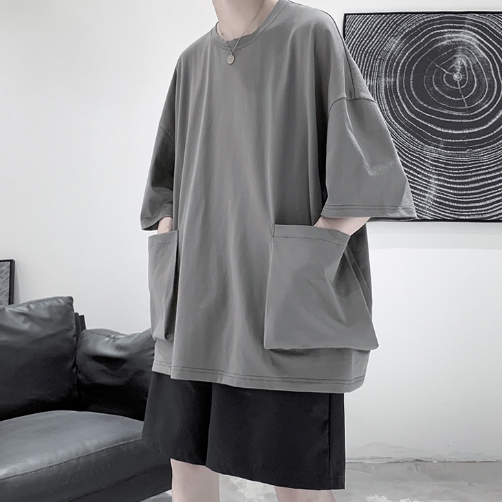 เสื้อยืดแขนสั้น ผ้าฝ้าย ทรงหลวม มีกระเป๋า สีพื้น สไตล์เกาหลี แฟชั่นฤดูร้อน สําหรับผู้ชาย - รูปที่ 7