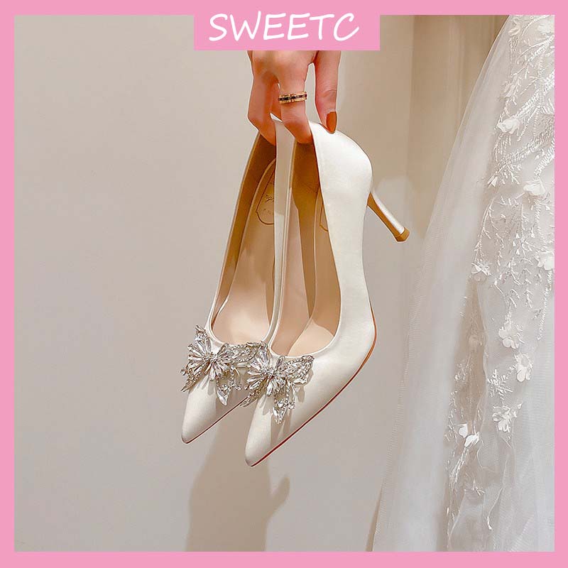 Sweetc ผู้หญิงแฟชั่นภาษาฝรั่งเศสคําชี้ Rhinestone Bowknot ซาติน Stiletto รองเท้าส้นสูงสีขาวเพื่อนเจ้าสาวรองเท้าแต่งงาน