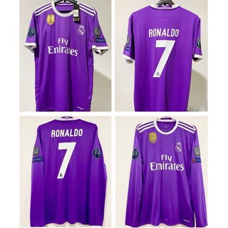 เสื้อกีฬาแขนยาว ลายทีมฟุตบอล Real Madrid 16/17 2016/2017 ชุดเยือน สไตล์เรโทร