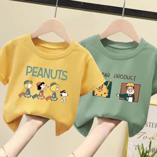 พร้อมส่ง เสื้อยืดแขนสั้นลําลอง คอกลม ผ้าฝ้ายแท้ ดูดซับเหงื่อ ระบายอากาศได้ดี พิมพ์ลายการ์ตูน สไตล์เกาหลี สําหรับเด็กผู้ชาย และเด็กผู้หญิง