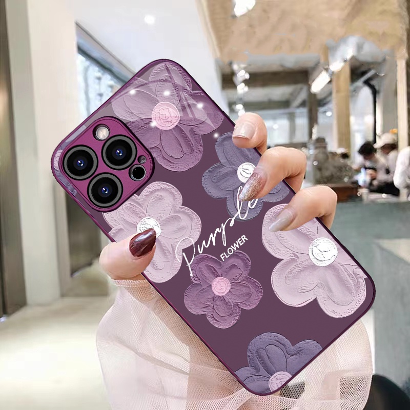 Elegant ดอกไม้สีม่วงกระจกนิรภัยเคสโทรศัพท์สําหรับiPhone 16 15 11 12 13 14 Pro Max 7 8 Plus X XR XS Maxหรูหราภาพวาดที่มีสีสันดอกไม้กระจกแต่งหน้ากันกระแทกฮาร์ดปกหลัง