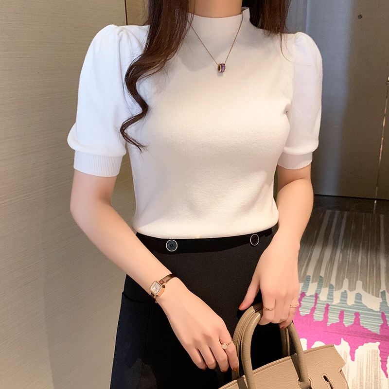 กลางคอพัฟแขนเสื้อกันหนาวผู้หญิงสีขาวเกาหลีรุ่น ผอมลง ดูสไตล์ตะวันตกแขนสั้นเสื้อกล้ามเสื้อยืด