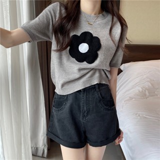 เสื้อถัก แขนสั้น ลายดอกไม้ สไตล์เกาหลี 6597
