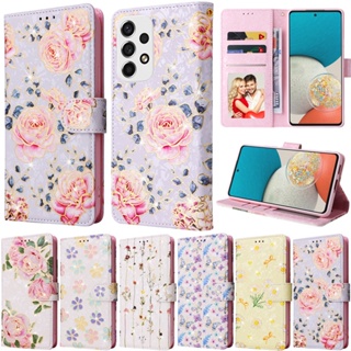 เคสโทรศัพท์หนัง PU นิ่ม ลายดอกไม้ พร้อมช่องใส่บัตร หรูหรา สําหรับ Samsung Galaxy A23 A13 A04 A53 A33 A04S A04E M13 5G