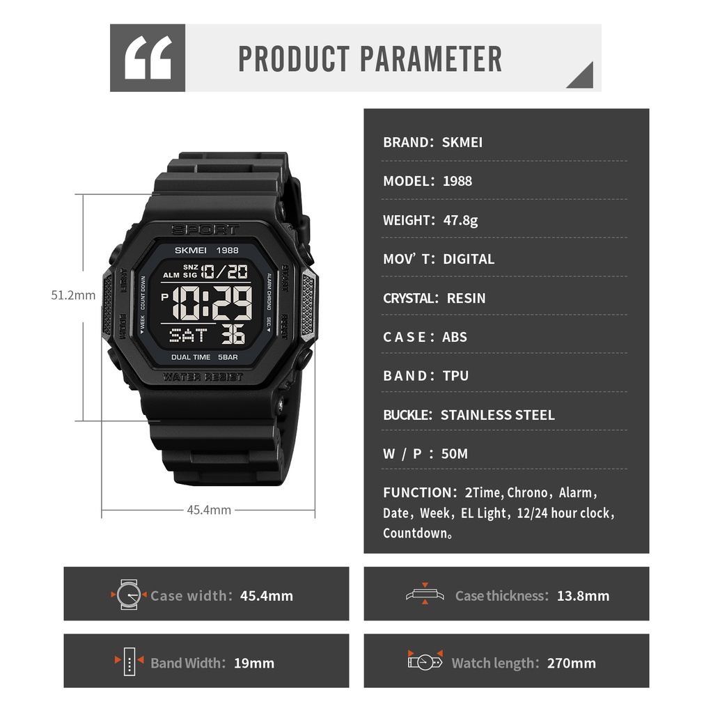 Skmei Sports Square Screen Multifunction LED Digital 50m นาฬิกากันน ้ ํา
