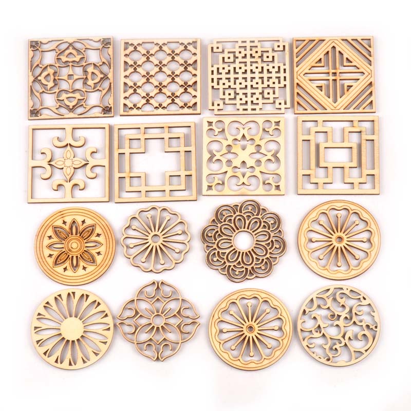 5 ชิ้น/แพ็ค 60 มม.ผสมรอบ/สแควร์รูปแบบ Unfinished ไม้ตกแต่งสําหรับ DIY หัตถกรรมสมุดภาพ Home Handmade ไม้ Embellishments MT2173