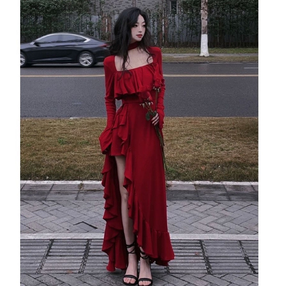 พร้อมส่ง {Zhien} ชุดเดรสกระโปรงยาว คอสี่เหลี่ยม แขนบาน ผ่าข้าง ขนาดใหญ่ สีแดง สไตล์เกาหลี สําหรับสตรี