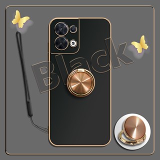 เคสซิลิโคนนิ่ม ชุบไฟฟ้า 360 องศา สําหรับ OPPO Reno8 5G°ขาตั้งแหวนโลหะ และสายคล้องซิลิโคน