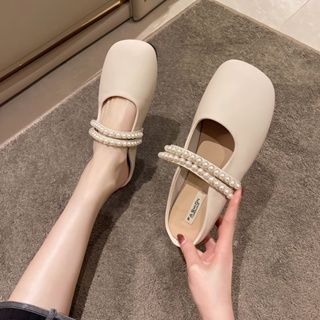 รองเท้าเปิดส้น🍀 รองเท้าขี้เกียจ, ประดับมุก เป่าโถวครึ่งหนึ่ง 3 สี🌟Size 35-40 สไตล์เกาหลี รองเท้าส้นแบน