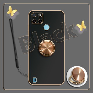 เคสซิลิโคนนิ่ม ชุบไฟฟ้า 360 องศา สําหรับ Realme C21Y C25Y°ขาตั้งแหวนโลหะ และสายคล้องซิลิโคน