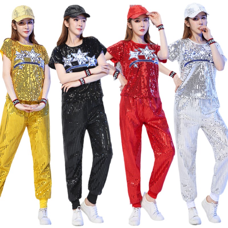 ชุดเชียร์ลีดดิ้งแจ๊สเต้นรํา แขนสั้น สีทอง แวววาว และกางเกง สําหรับผู้หญิง
