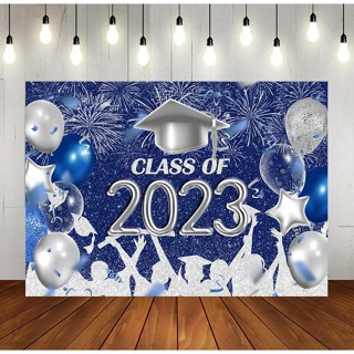 แบนเนอร์ ลาย Class of 2023 7x5 ฟุต สีฟ้า และสีเงิน สําหรับถ่ายภาพ ปาร์ตี้จบการศึกษา