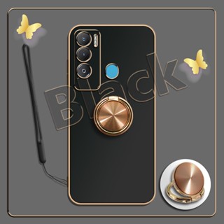 เคสซิลิโคนนิ่ม ชุบไฟฟ้า 360 องศา สําหรับ Tecno Pova Neo LE6 LE6h°ขาตั้งแหวนโลหะ และสายคล้องซิลิโคน