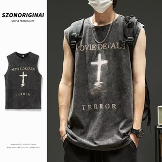 เสื้อยืดแขนกุด ผ้าฝ้าย ลาย High Street สีดํา สไตล์วินเทจ แฟช…